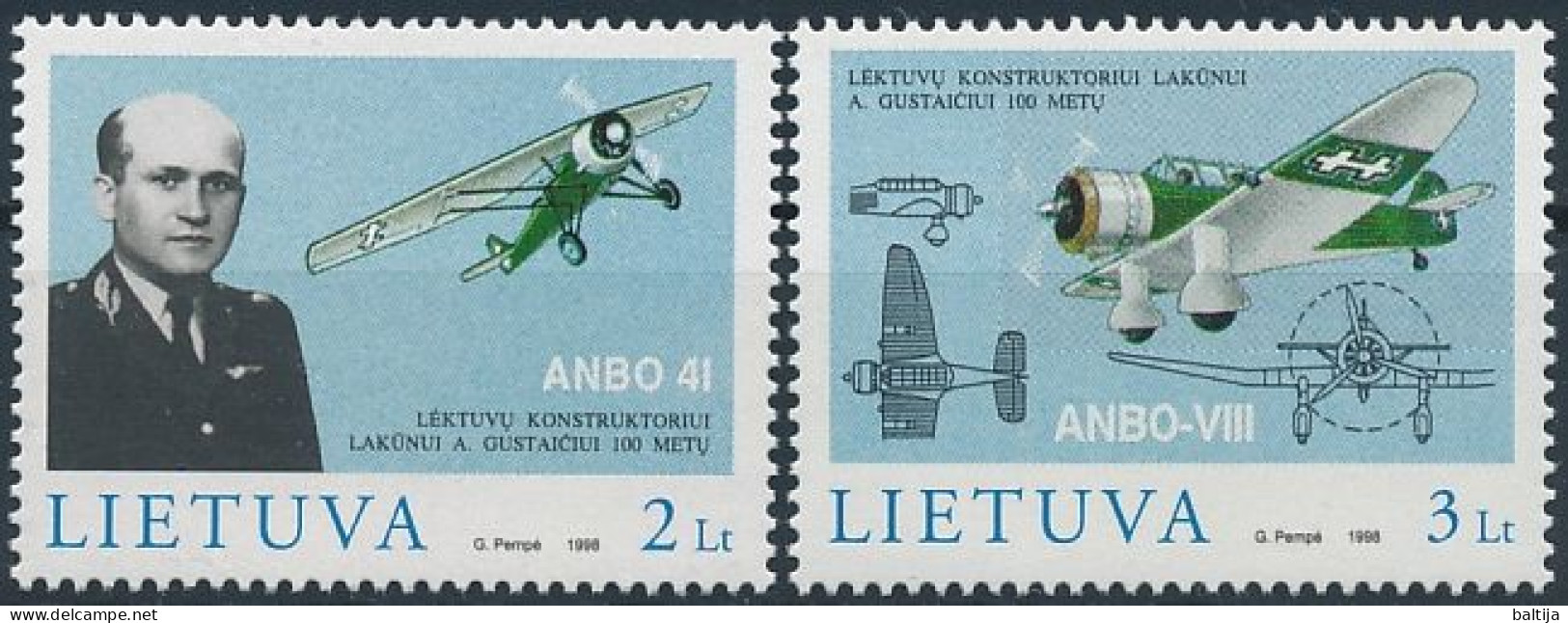 Mi 662-663 ** MNH / Aeronautical Engineer Antanas Gustaitis 100th Birthday, Airplane, Aircraft - Lituania