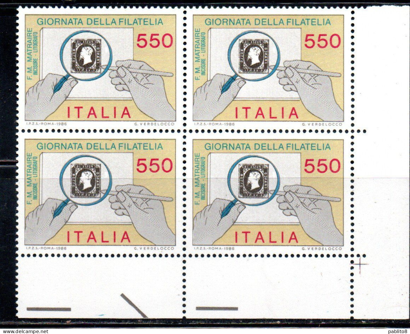 ITALIA REPUBBLICA ITALY REPUBLIC 1986 GIORNATA DELLA FILATELIA STAMP DAY QUARTINA ANGOLO DI FOGLIO BLOCK MNH - 1981-90: Mint/hinged