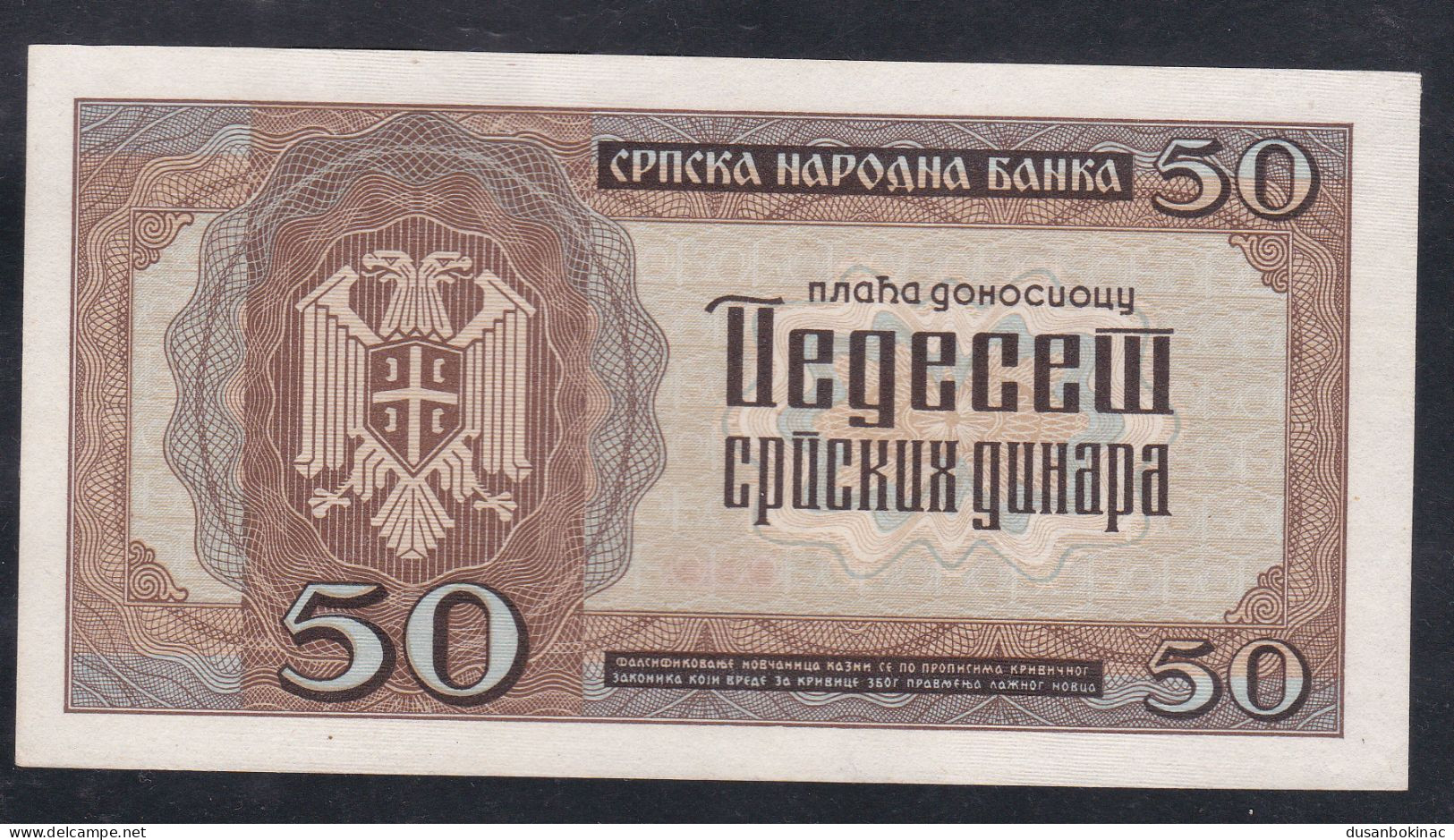 50 Dinara 1942 Unc - Yougoslavie