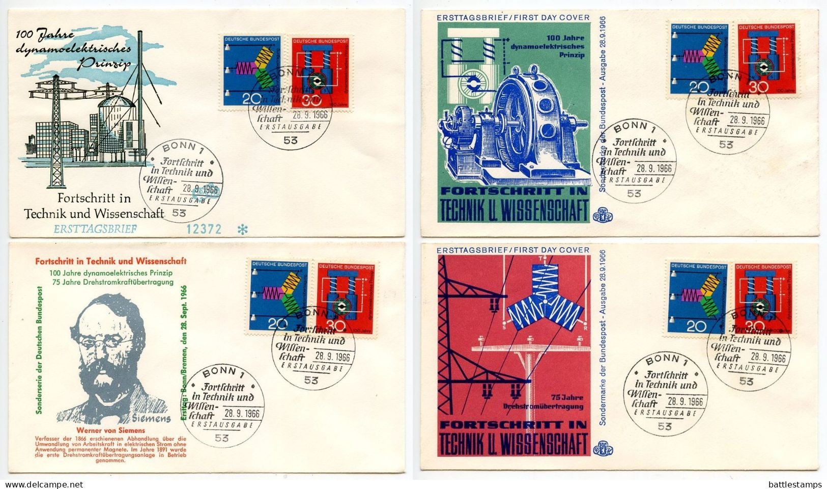 Germany, West 1966 4 FDCs Scott 965-966 Science & Technology Progress, 3-Phase Transmission & Dynamoelectric Principle - 1961-1970