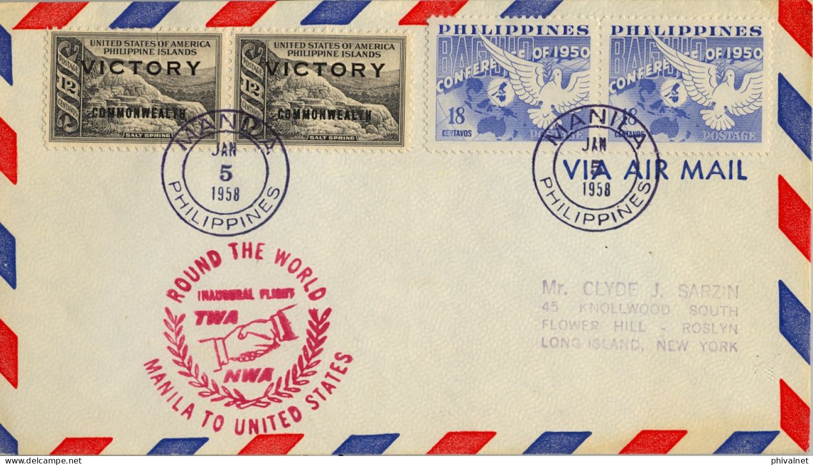 1958 FILIPINAS , PRIMER VUELO , INAUGURAL FLIGHT / TWA / ROUND THE WORLD / MANILA TO UNITED STATES - Filippijnen