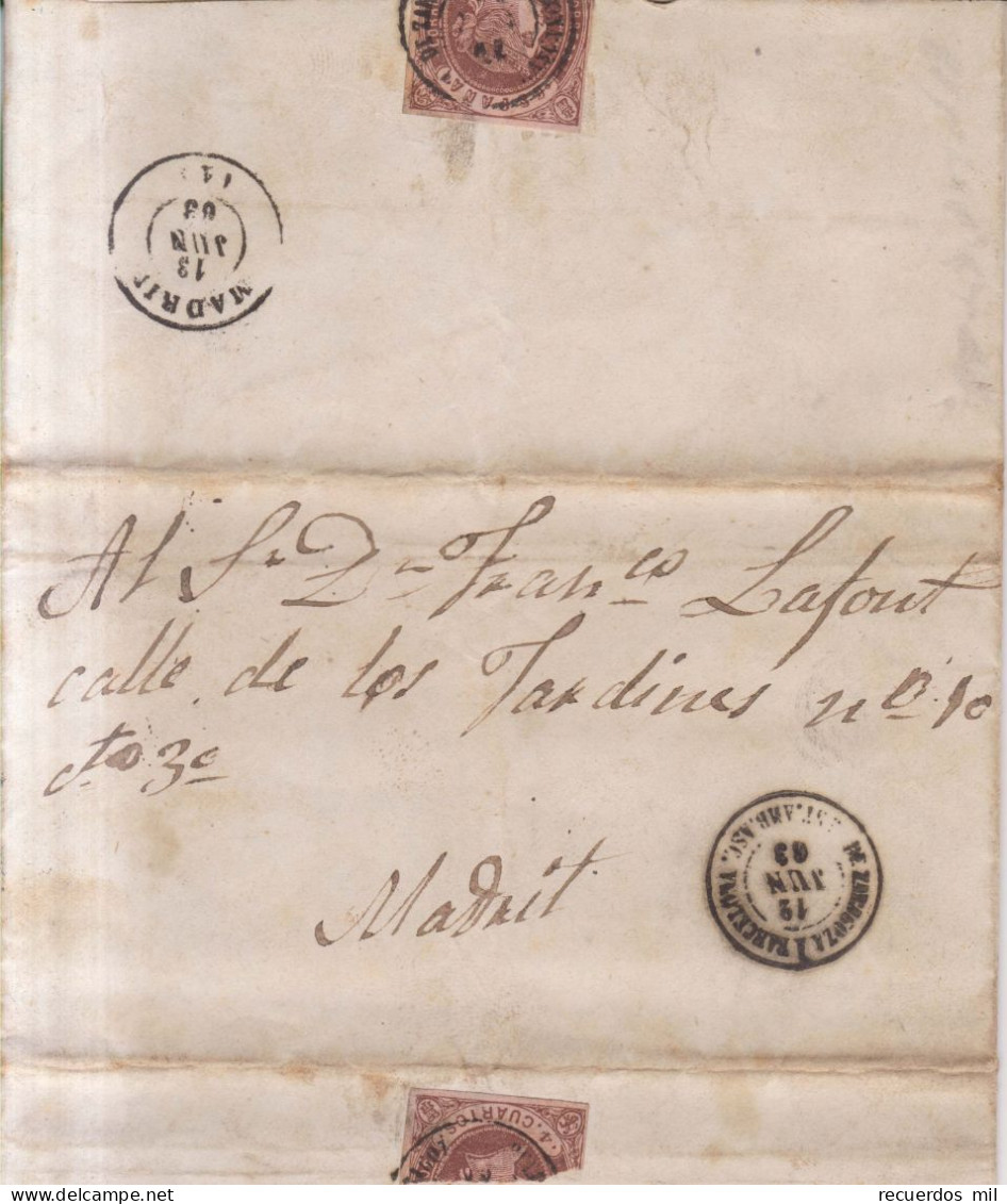 Año 1862 Edifil 96 Isabel II  Carta Matasellos Lerida Ambulante Asc Zaragoza A Barcelona Sebastian Lafont - Brieven En Documenten