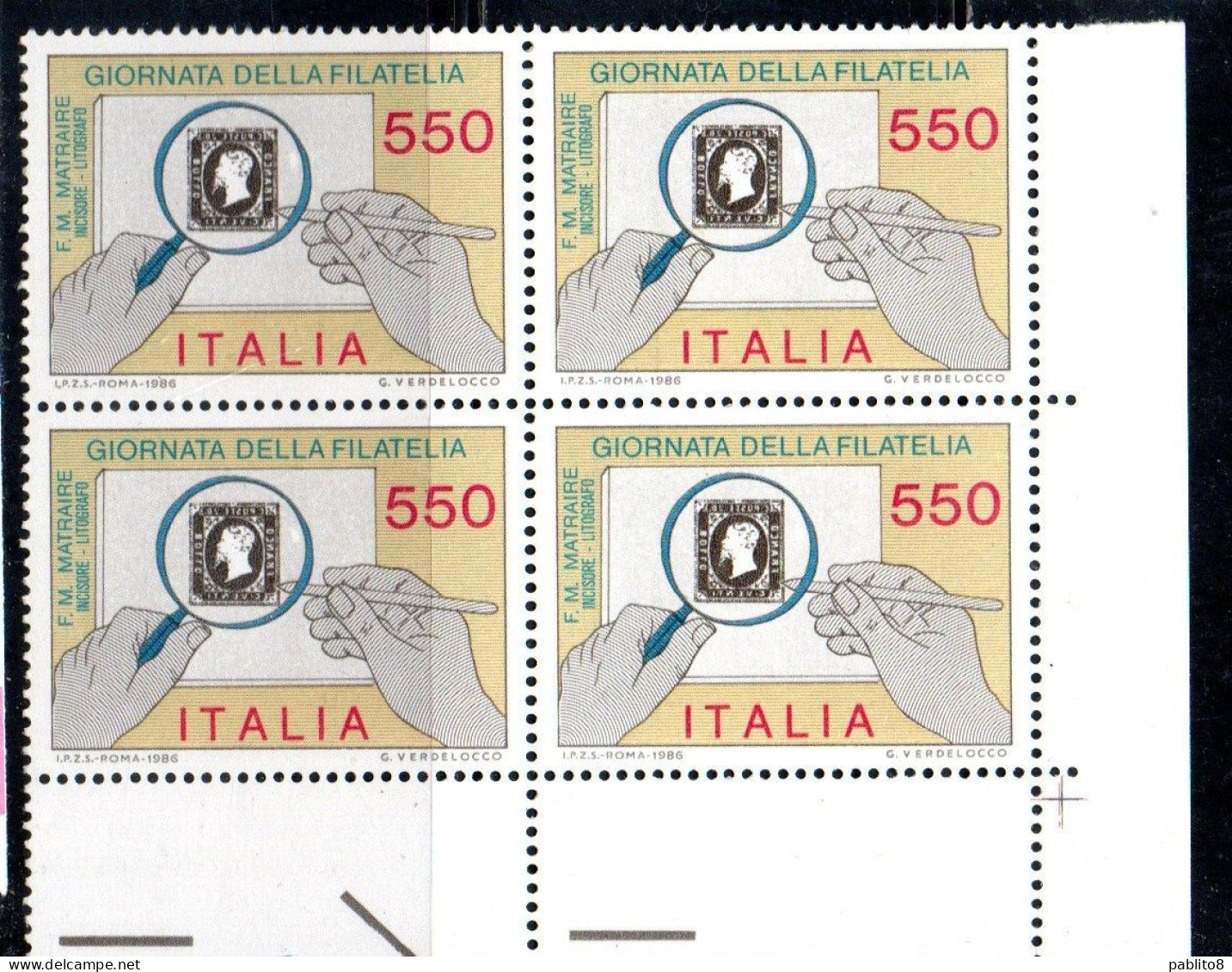 ITALIA REPUBBLICA ITALY REPUBLIC 1986 GIORNATA DELLA FILATELIA STAMP DAY QUARTINA ANGOLO DI FOGLIO BLOCK MNH - 1981-90:  Nuevos