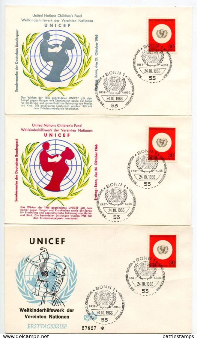 Germany, West 1966 3 FDCs Scott 967 UNICEF / United Nations Children's Fund - 1961-1970