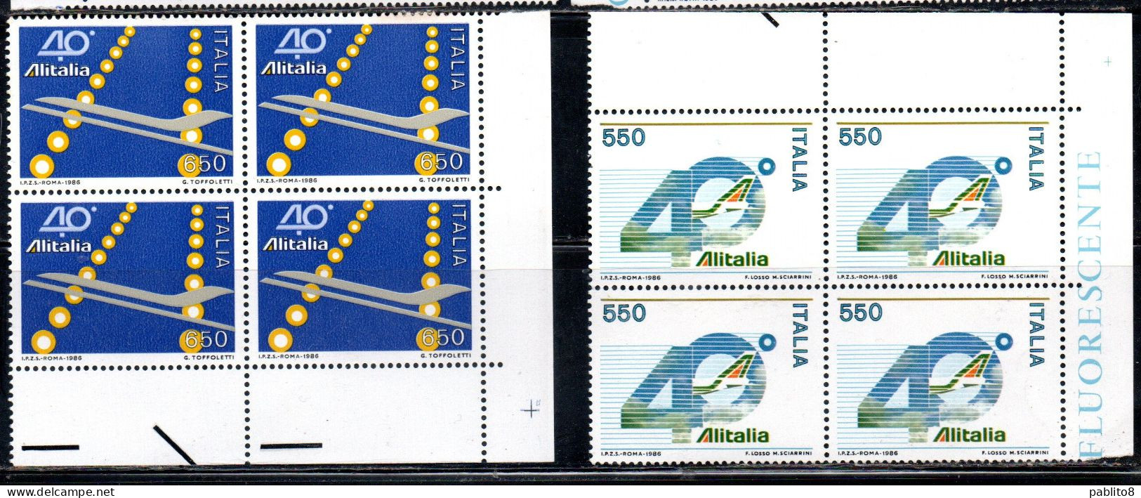 ITALIA  REPUBBLICA ITALY REPUBLIC 1986 ANNIVERSARIO DELL'ALITALIA SERIE COMPLETA QUARTINA ANGOLO DI FOGLIO BLOCK MNH - 1981-90: Neufs