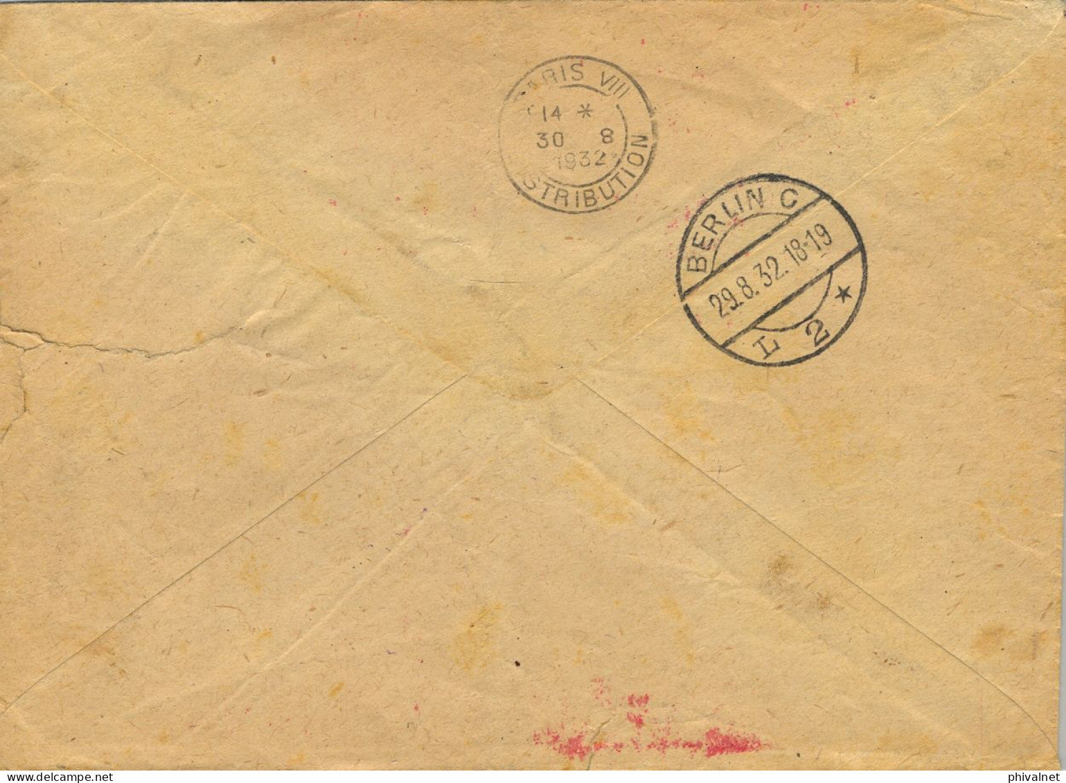 1932 MOSCÚ - PARIS , FRANQUEO MECÁNICO , CORREO AÉREO " MIT LUFTPOST BEFÖRDERT / LUFTPOSTAMT / BERLIN C 2 " , LLEGADA - Lettres & Documents