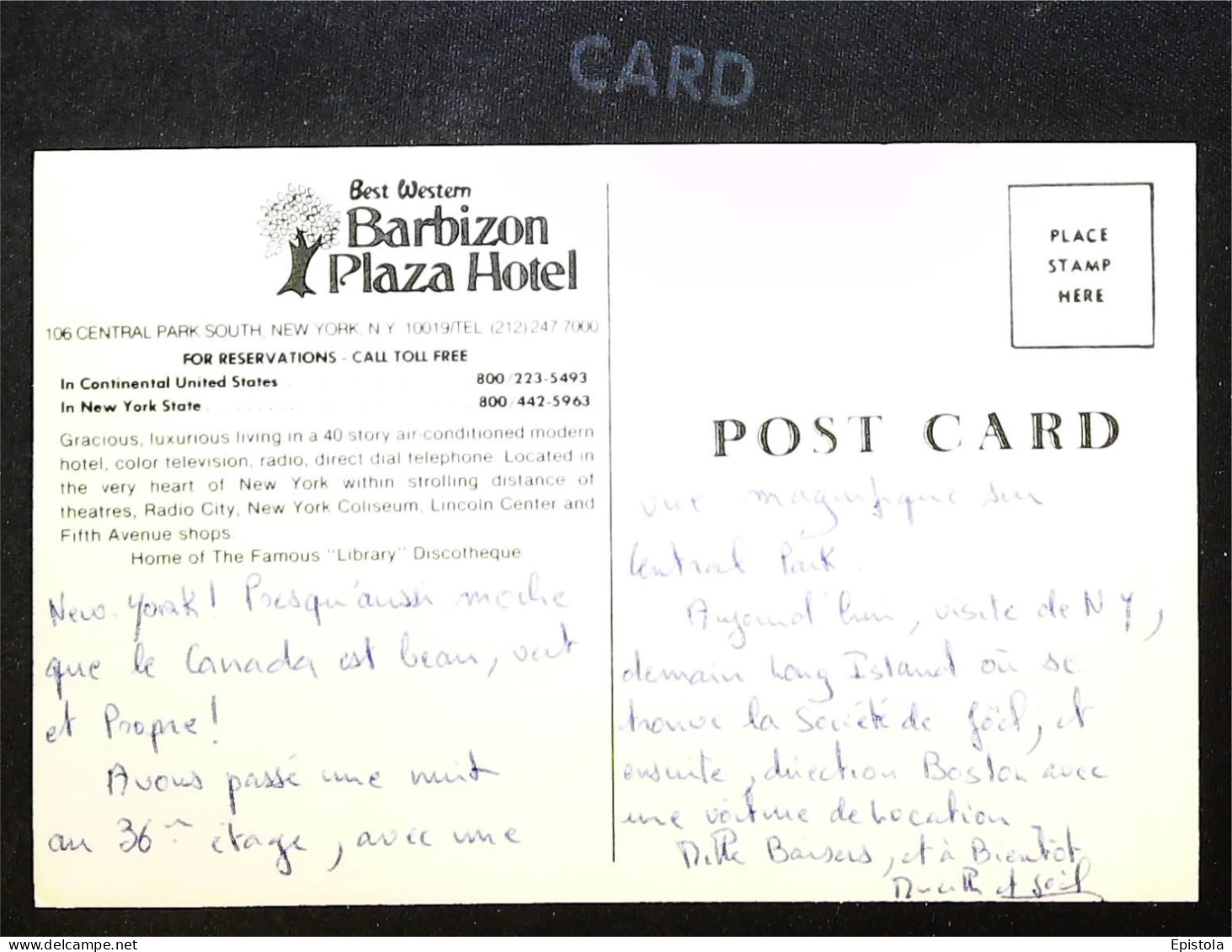 ►Barbizon Plaza Hotel   Vintage Card   NYC - NEW YORK - Bares, Hoteles Y Restaurantes