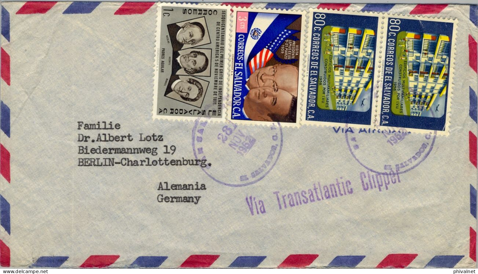 1962 EL SALVADOR , SOBRE CIRCULADO POR CORREO AÉREO " VIA TRANSATLANTIC CLIPPER " , SAN SALVADOR - BERLIN - El Salvador