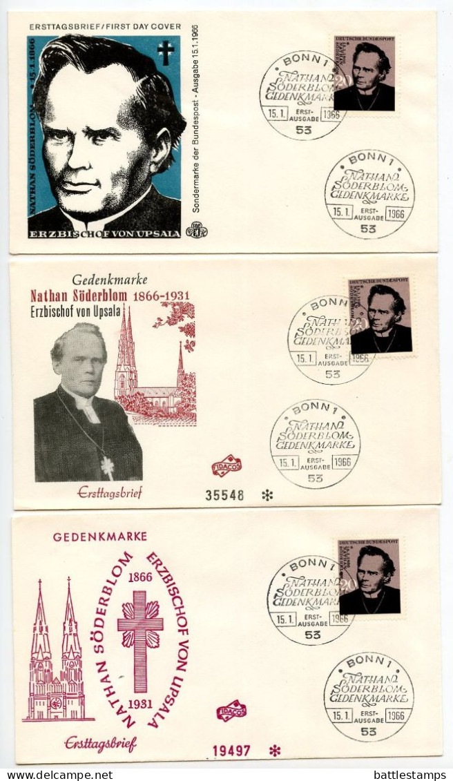 Germany, West 1966 3 FDCs Scott 959 Nathan Söderblom, Swedish Archbishop & Nobel Prize Winner - 1961-1970