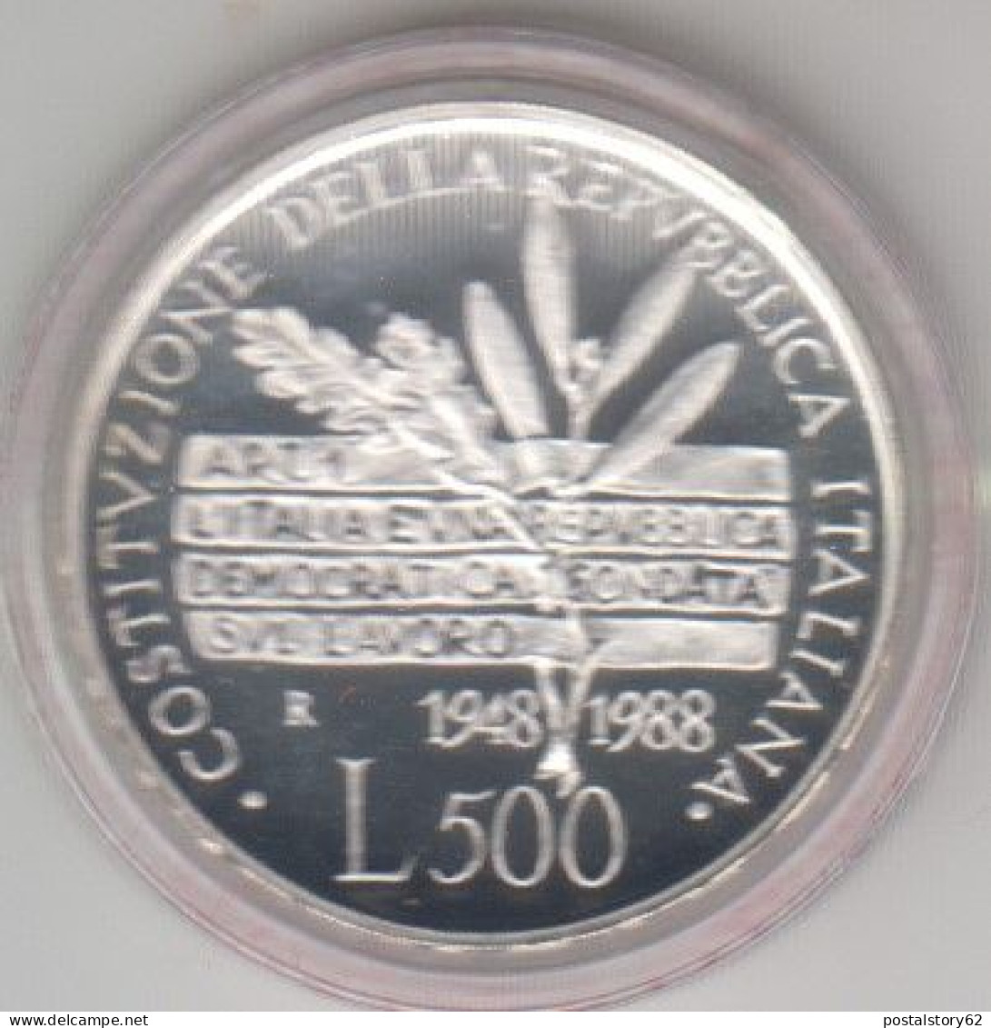 Repubblica Italiana, Moneta Da Lire 500 Proof Celebrativa Del 40° Anniversario Della Costituzione . 1948-1988 Gr.11 - Probeabschläge & Nachprägungen