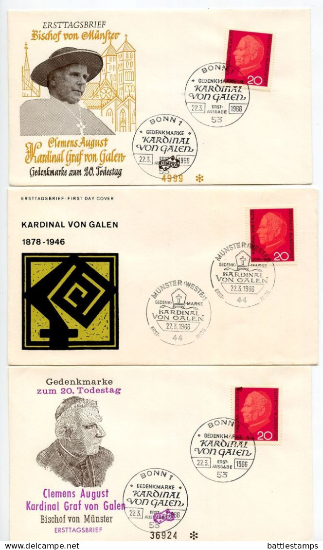 Germany, West 1966 3 FDCs Scott 960 Cardinal Count Von Galen, Anti-Nazi Bishop Of Münster - 1961-1970