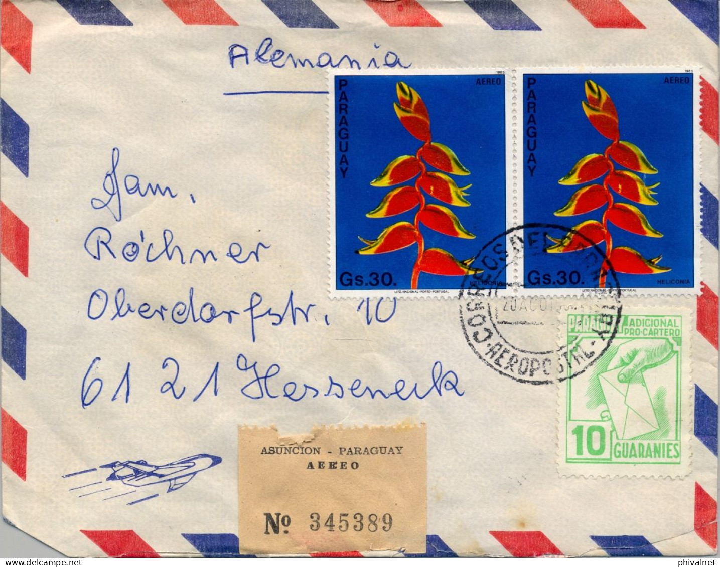 1984 PARAGUAY , ASUNCIÓN , SOBRE CERTIFICADO POR CORREO AÉREO A HESSENECK - Paraguay