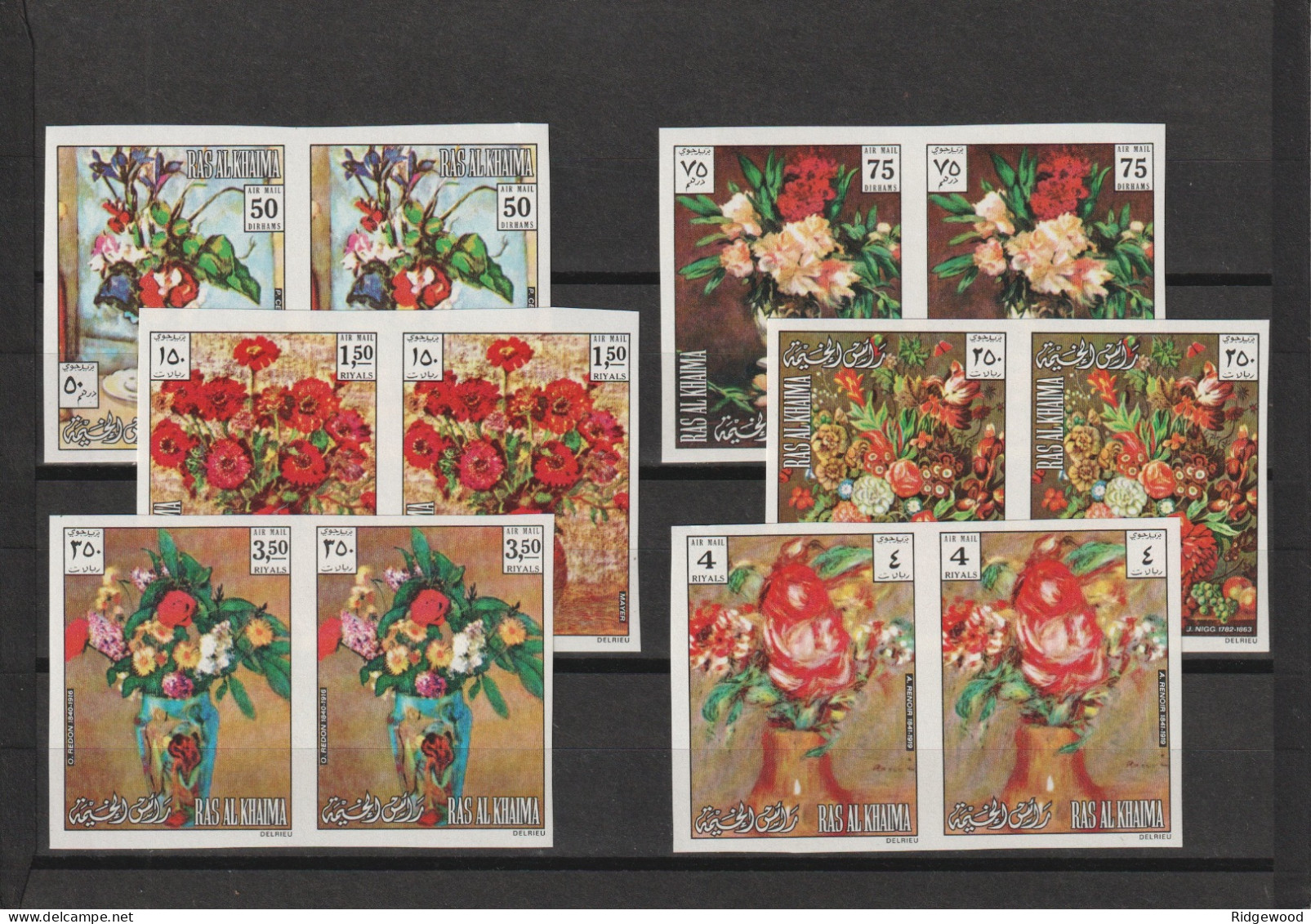 1972  Ras Al Khaima - Flower Paintings - Two Complete Sets -  Mi 865-870 Imperf. Marginal Pairs - MNH/UMM - Ras Al-Khaimah