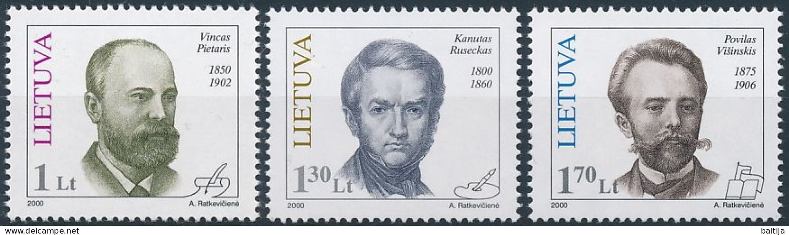 Mi 725-727 ** MNH / Writer Vincas Pietaris, Artist Kanutas Ruseckas, Cultural Worker Povilas Višinskis - Lituania