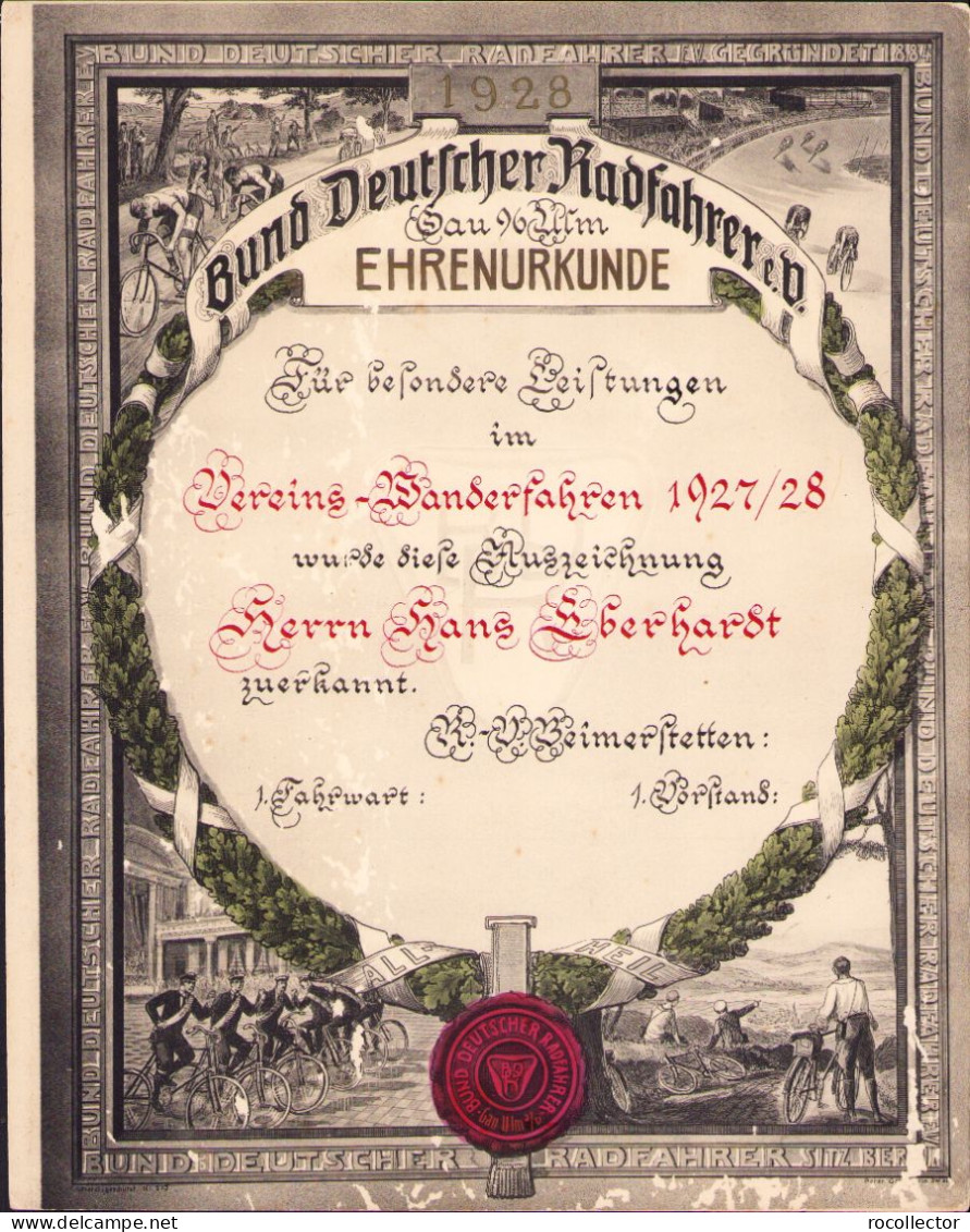 Ehrerurkunden 1928 Bund Deutscher Radfahrer E V Germany PM33 - Diplomas Y Calificaciones Escolares