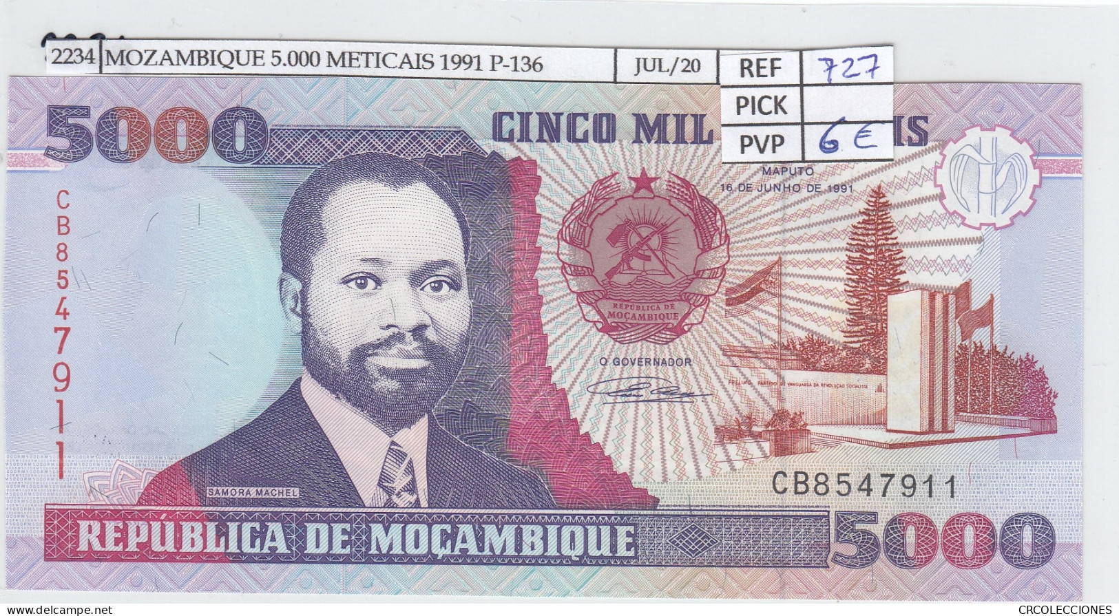 BILLETE MOZAMBIQUE 5.000 METICAIS 1991 P-136 SIN CIRCULAR - Other - Africa