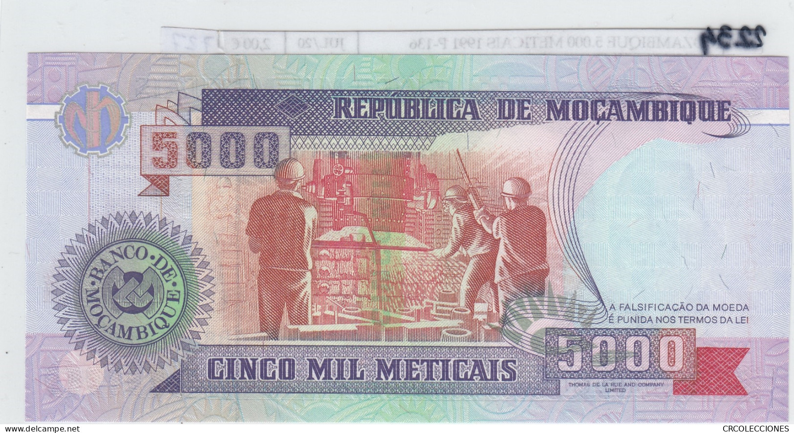 BILLETE MOZAMBIQUE 5.000 METICAIS 1991 P-136 SIN CIRCULAR - Other - Africa