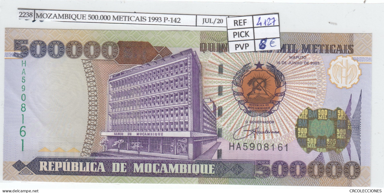 BILLETE MOZAMBIQUE 500.000 METICAIS 1993 P-142 SIN CIRCULAR - Other - Africa