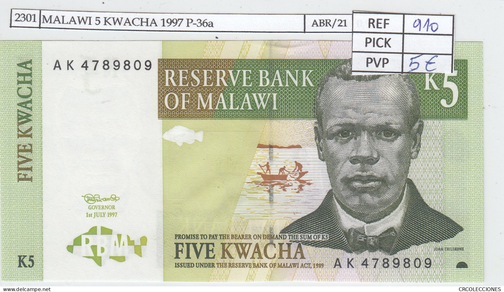 BILLETE MALAWI 5 KWACHA 1997 P-36a SIN CIRCULAR - Other - Africa
