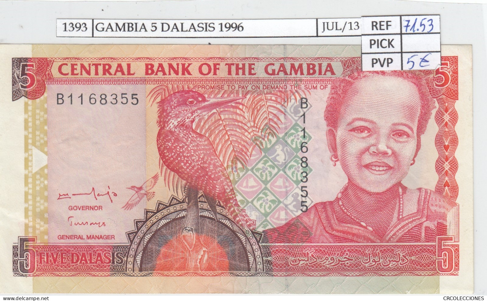 BILLETE GAMBIA 5 DALASIS 1996 P-16a SIN CIRCULAR - Autres - Afrique