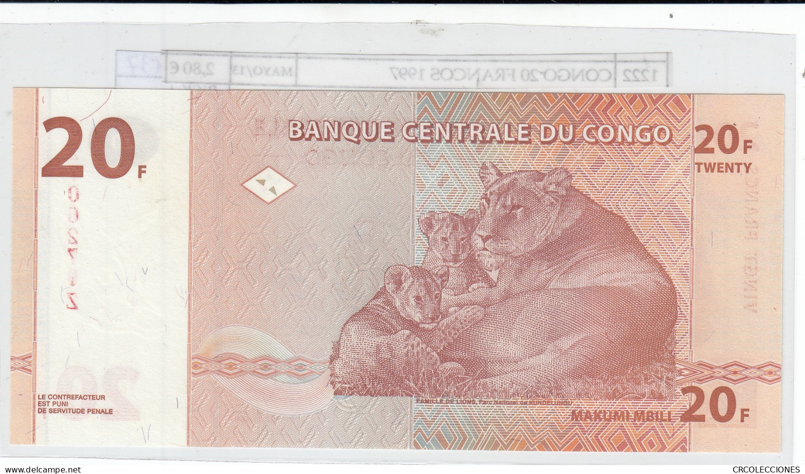 BILLETE CONGO 20 FRANCOS 1997 P-88Аa SIN CIRCULAR - Autres - Afrique