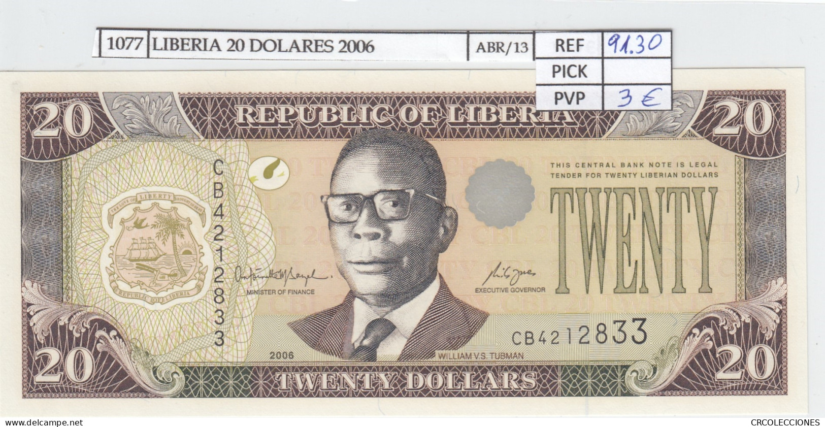 BILLETE LIBERIA 20 DOLARES 2006 P-28c SIN CIRCULAR - Sonstige – Afrika