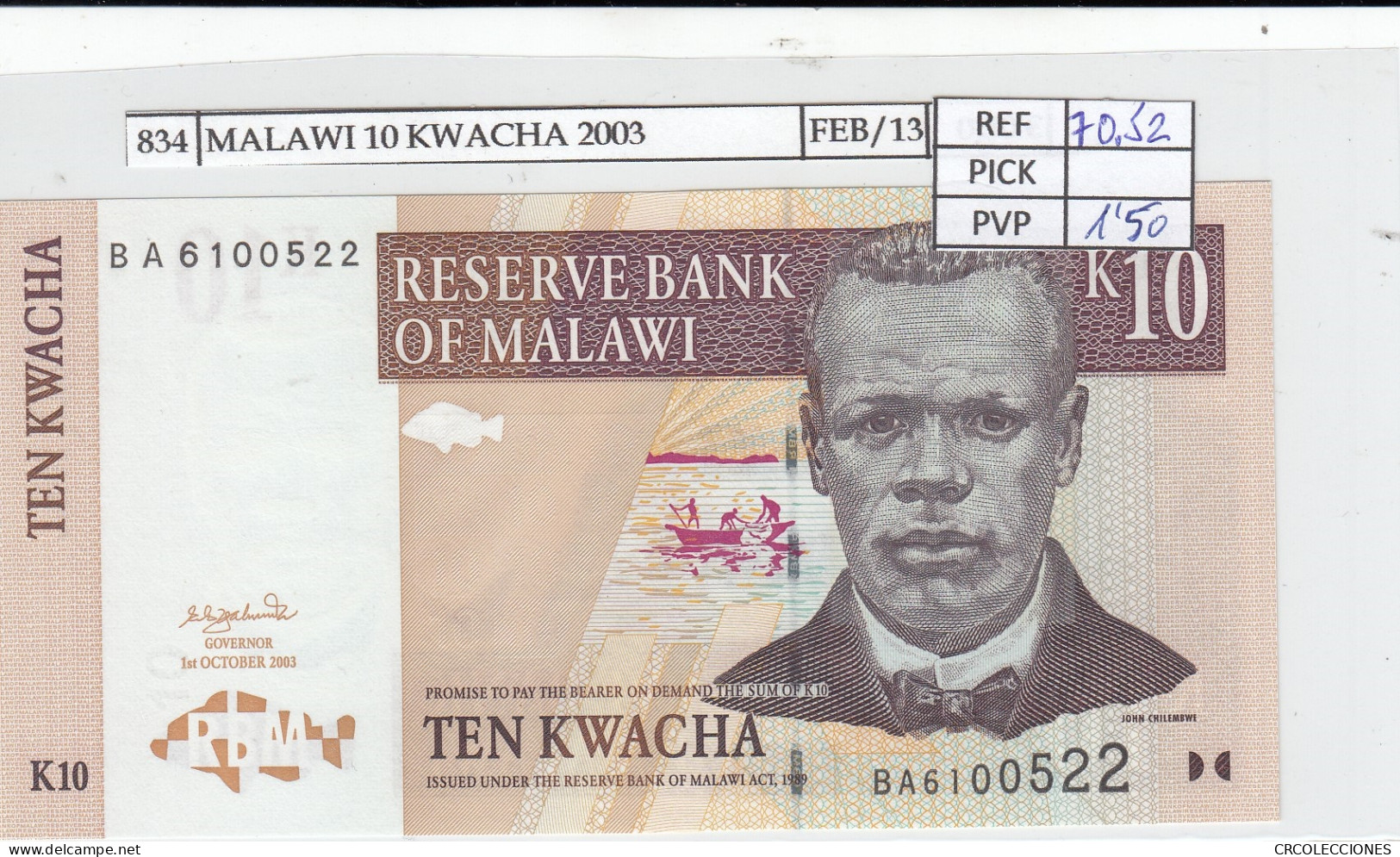 BILLETE MALAWI 10 KWACHA 2003 P-43b SIN CIRCULAR - Autres - Afrique