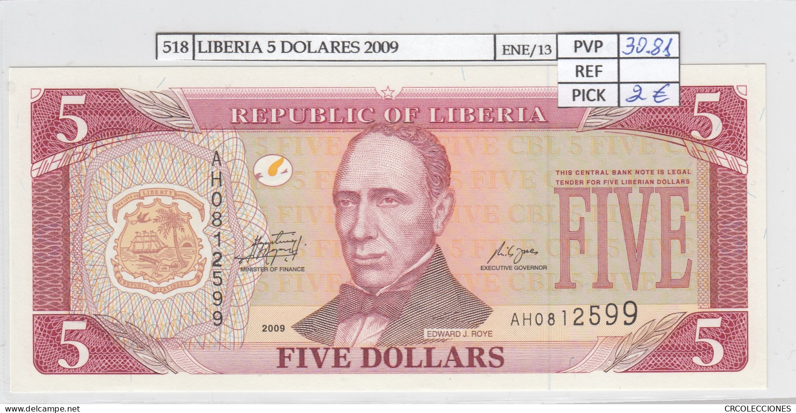 BILLETE LIBERIA 5 DOLARES 2009 P-26e SIN CIRCULAR - Other - Africa