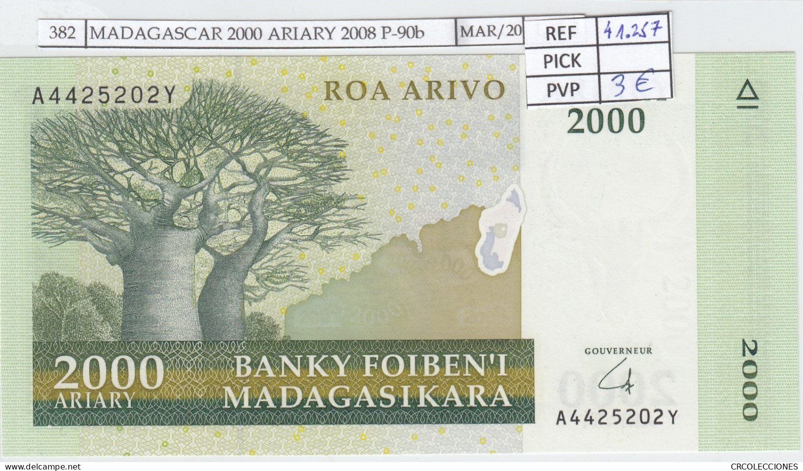 BILLETE MADAGASCAR 2000 ARIARY 2008 P-90b SIN CIRCULAR - Autres - Afrique