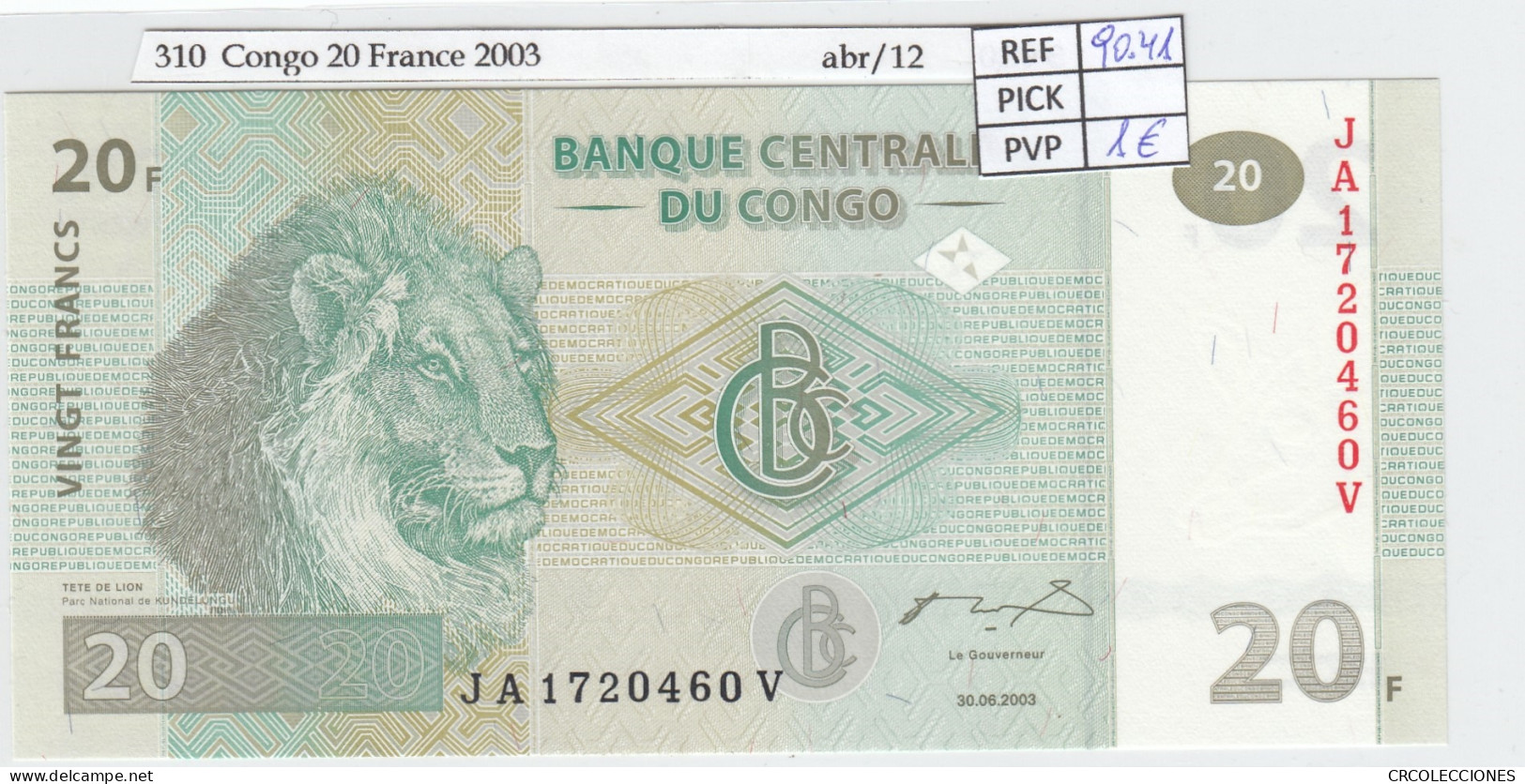 BILLETE CONGO 20 FRANCOS 2003 P-94a SIN CIRCULAR - Other - Africa