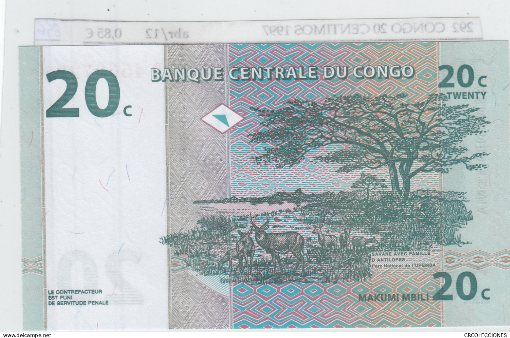 BILLETE CONGO 20 CENTIMOS 1997 P-83a SIN CIRCULAR - Autres - Afrique