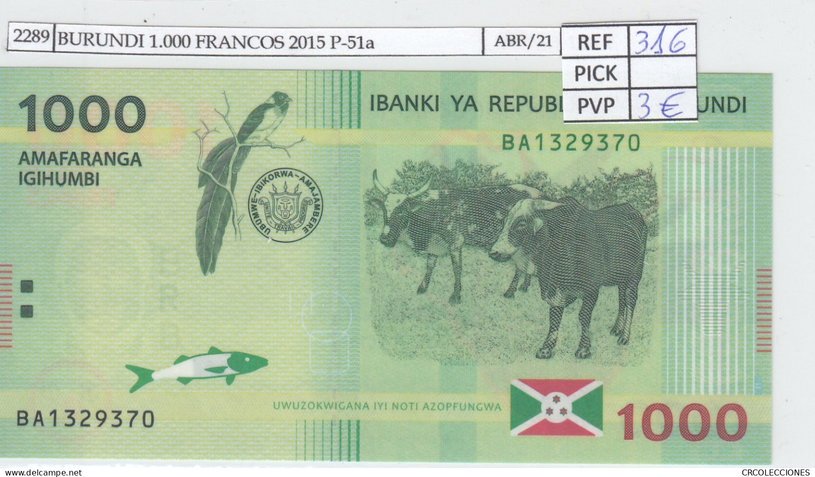 BILLETE BURUNDI 1.000 FRANCOS 2015 P-51a SIN CIRCULAR - Other - Africa