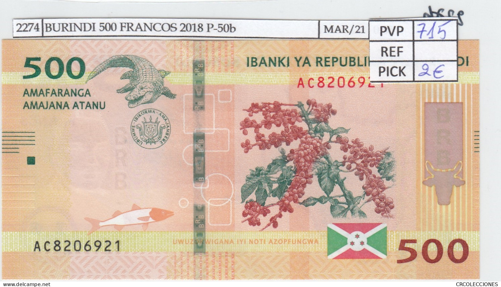 BILLETE BURUNDI 500 FRANCOS 2018 P-50b SIN CIRCULAR - Andere - Afrika