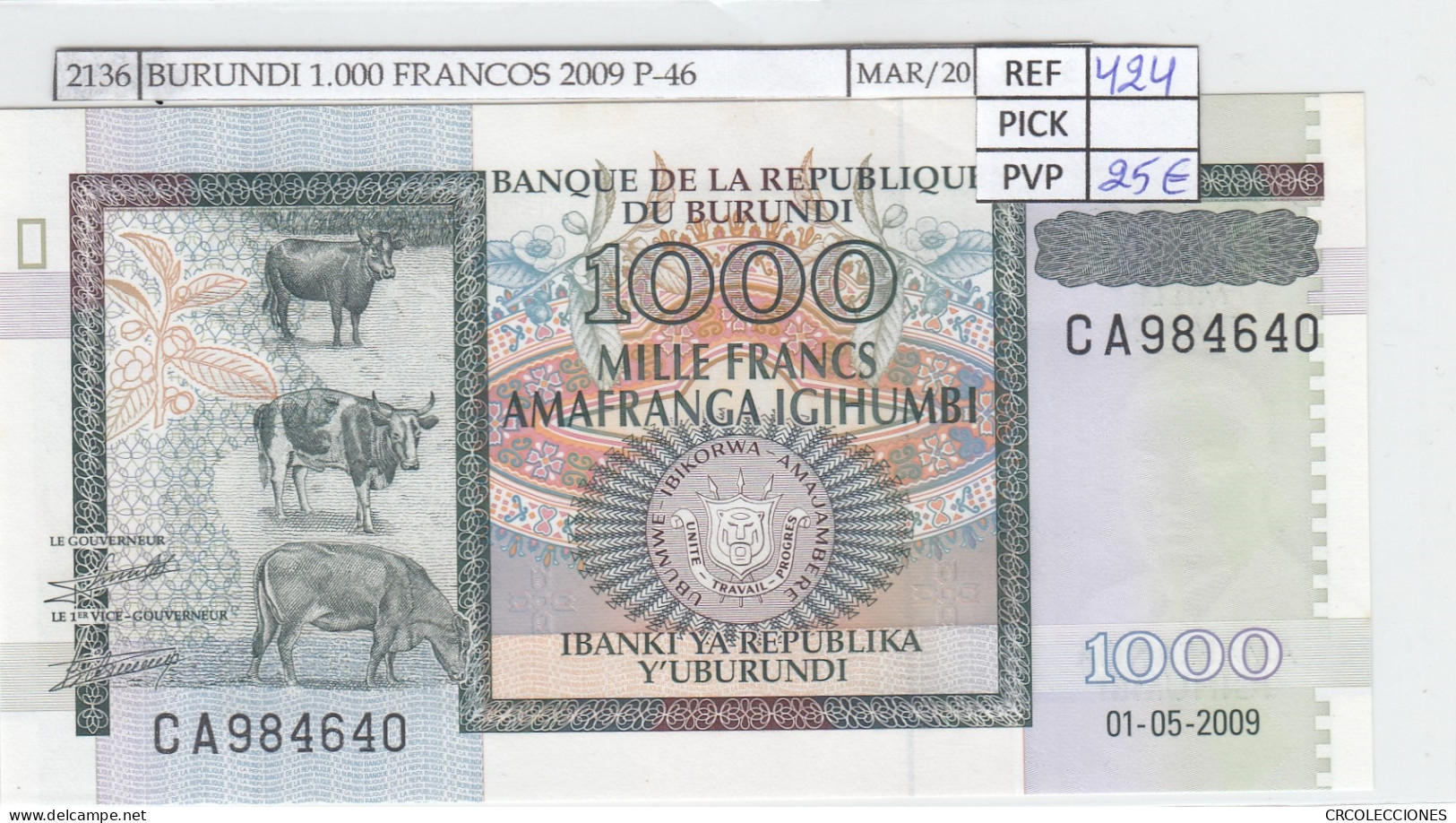 BILLETE BURUNDI 1.000 FRANCOS 2009 P-46  SIN CIRCULAR - Sonstige – Afrika