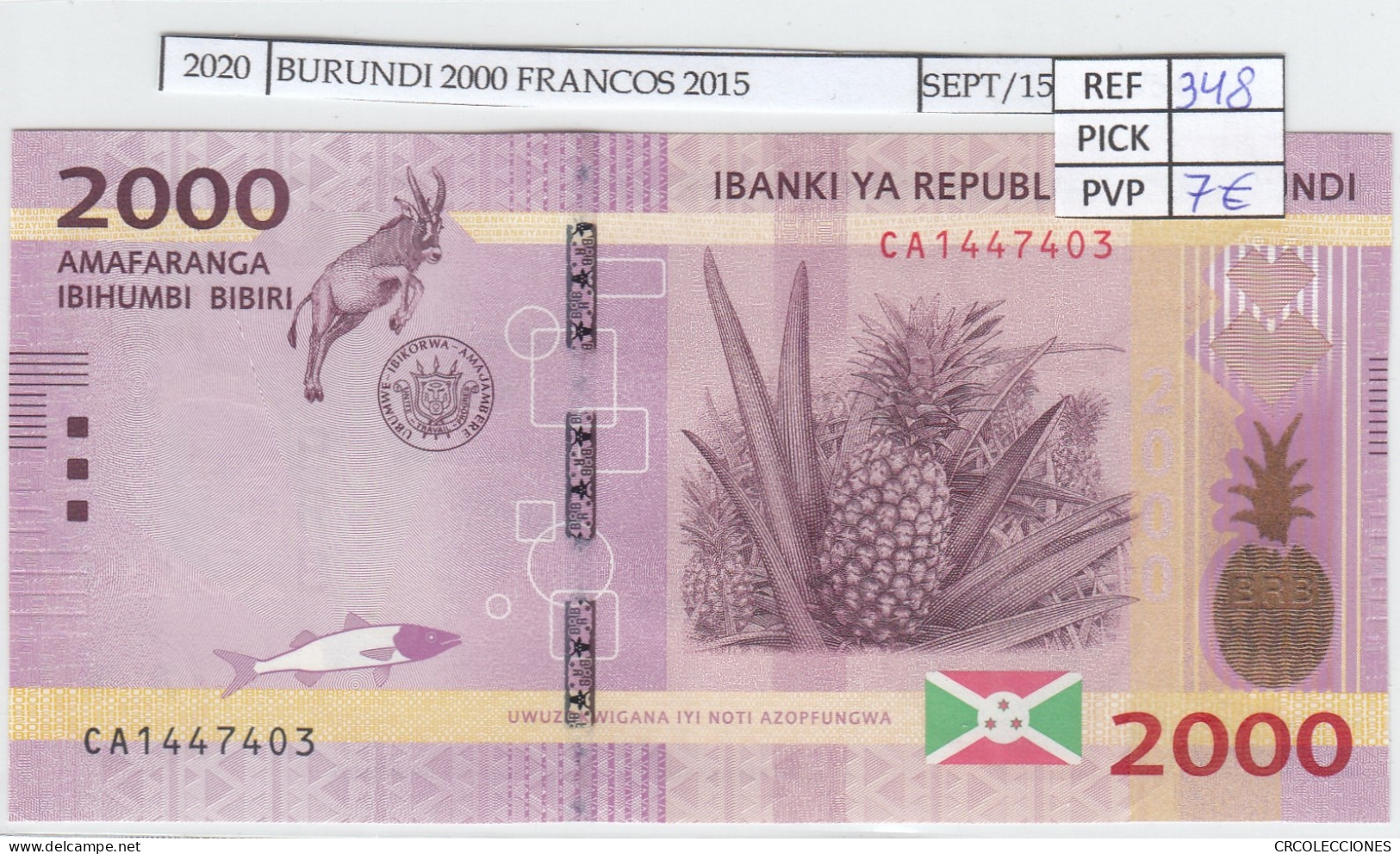 BILLETE BURUNDI 2.000 FRANCOS 2015 P-52a SIN CIRCULAR - Andere - Afrika