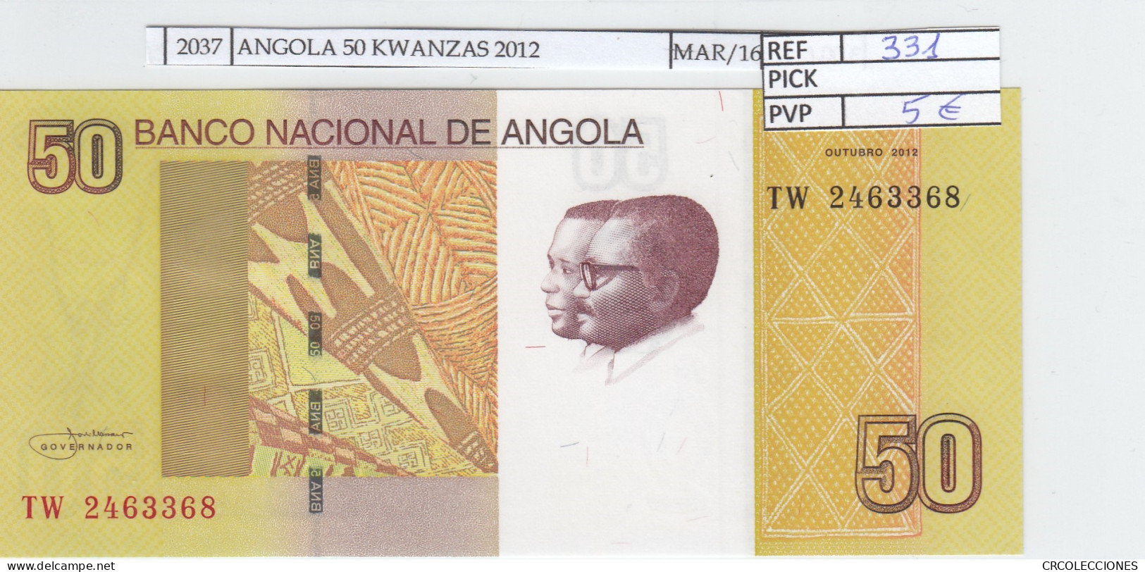 BILLETE ANGOLA 50 KWANZAS 2012 P-152 SIN CIRCULAR - Sonstige – Afrika