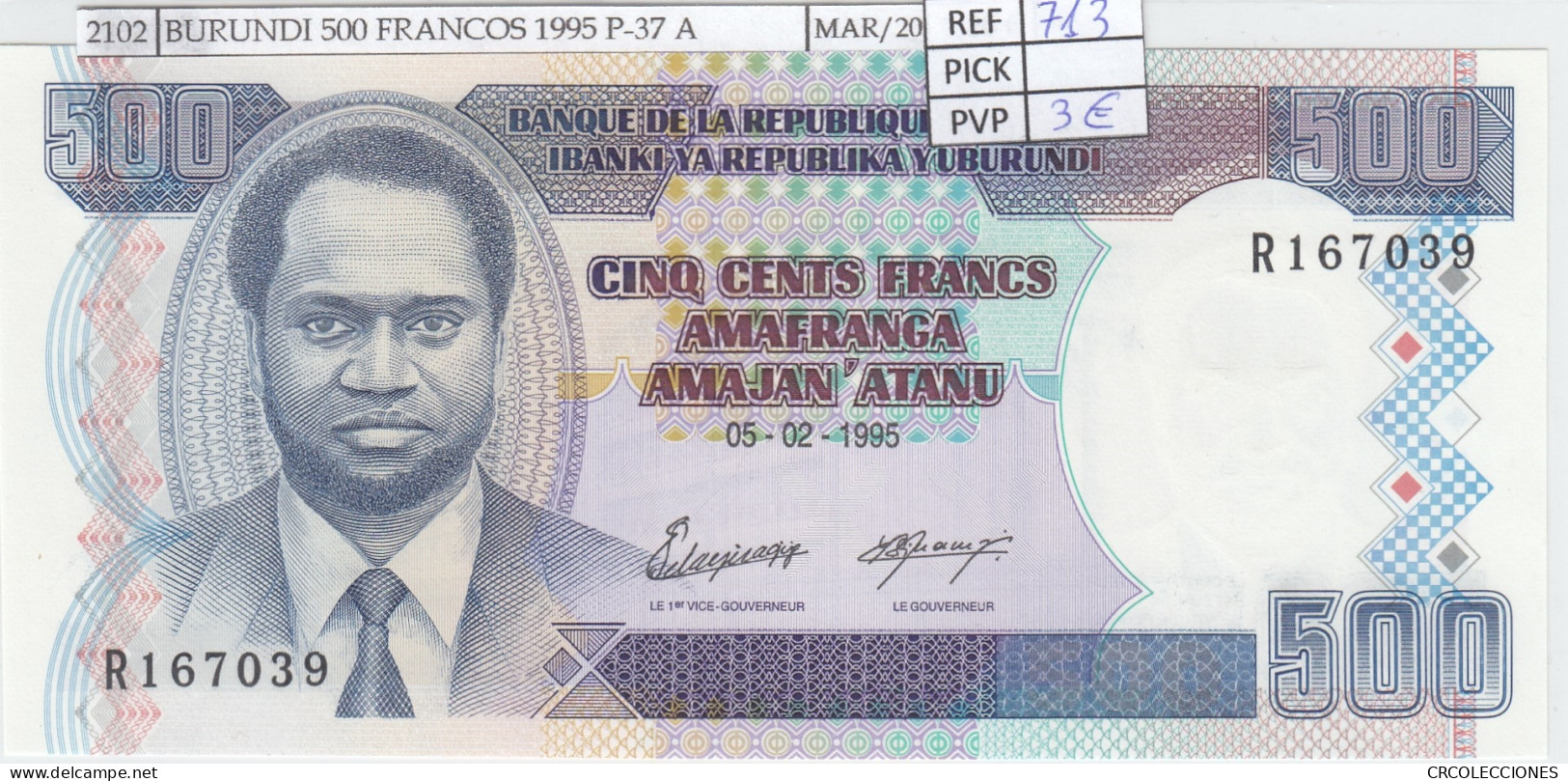 BILLETE BURUNDI 500 FRANCOS 1995 P-37 A SIN CIRCULAR - Other - Africa