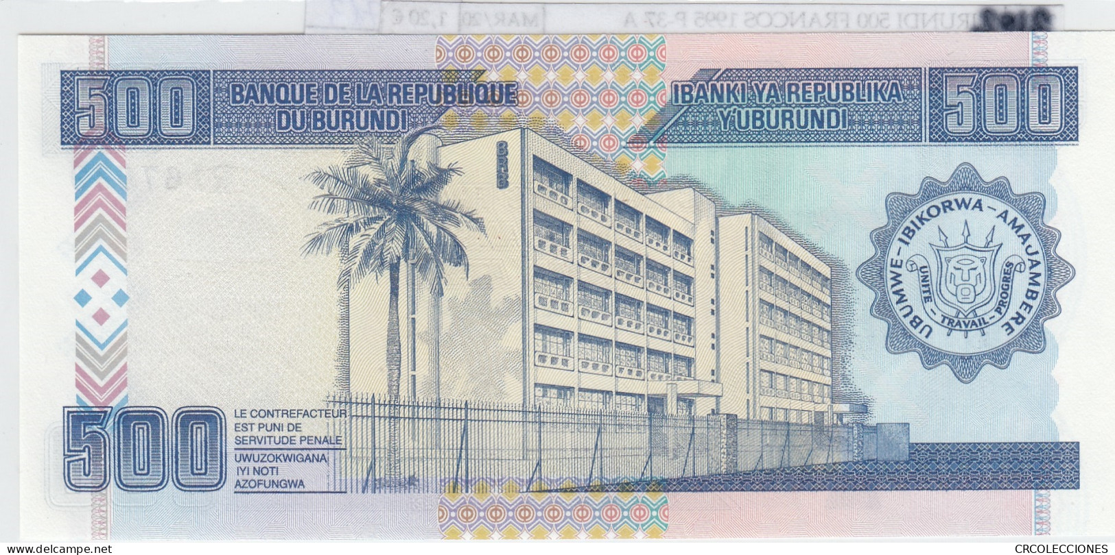 BILLETE BURUNDI 500 FRANCOS 1995 P-37 A SIN CIRCULAR - Other - Africa