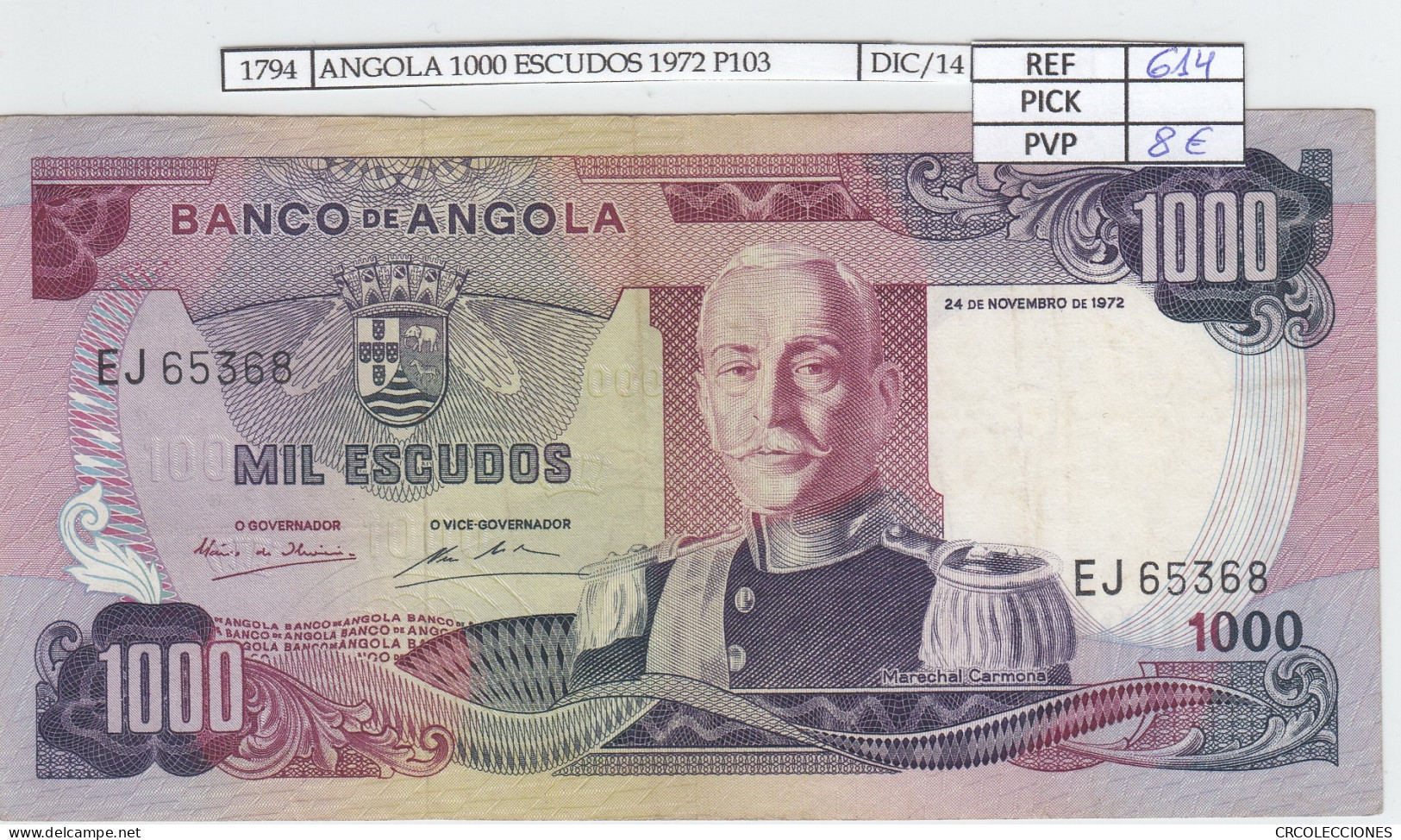 BILLETE ANGOLA 1.000 ESCUDOS 1972 P-103 SIN CIRCULAR - Autres - Afrique