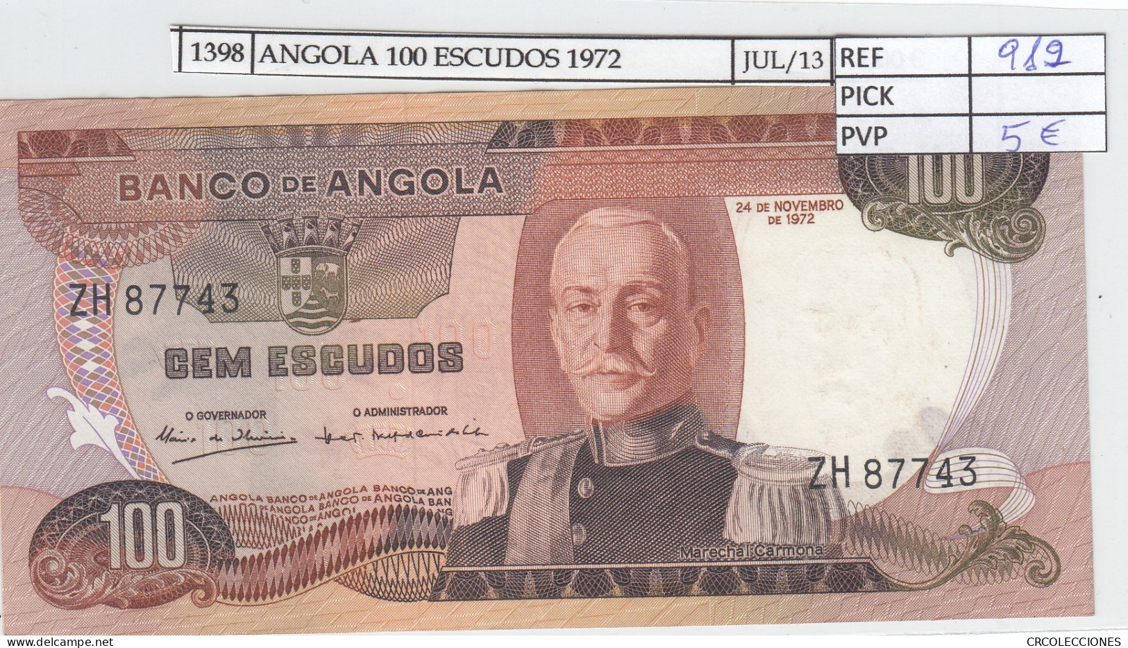 BILLETE ANGOLA 100 ESCUDOS 1972 P-101 EBC - Other - Africa