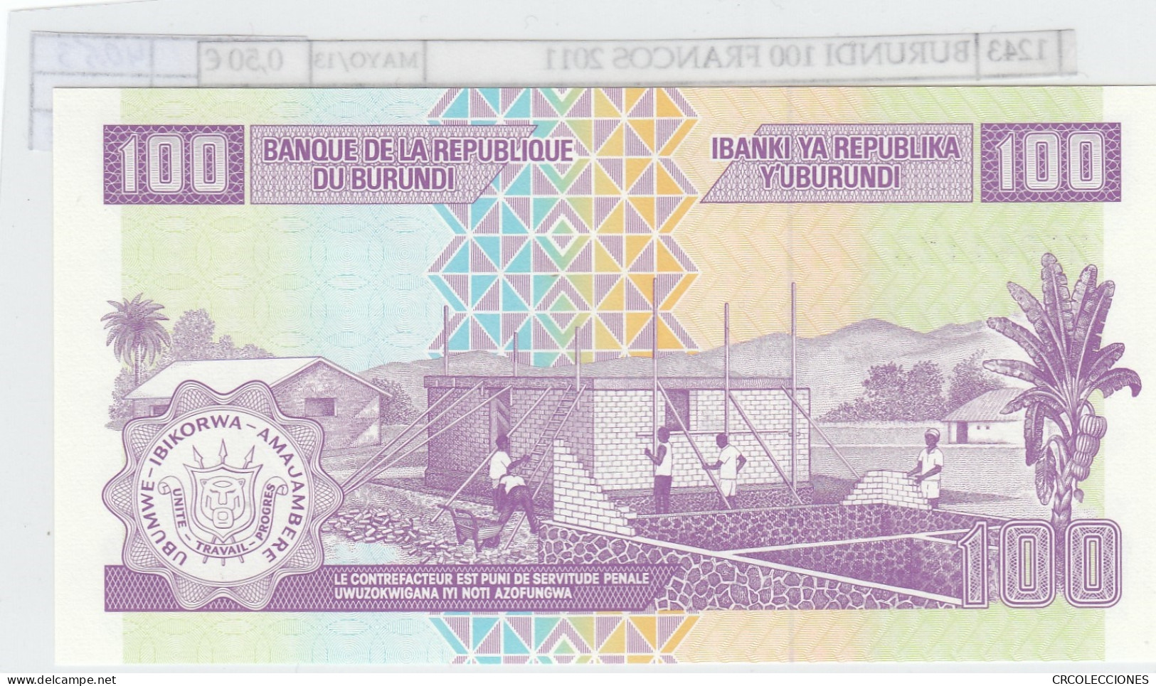 BILLETE BURUNDI 100 FRANCOS 2011 P-44b SIN CIRCULAR - Sonstige – Afrika