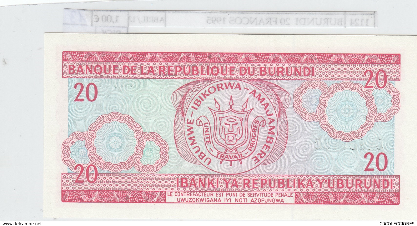 BILLETE BURUNDI  20 FRANCOS 1995 P-27c.2 SIN CIRCULAR - Otros – Africa