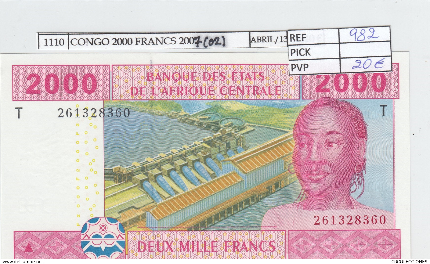 BILLETE AFRICA CENT. CONGO 2.000 FRANCS 2007 (02) P-108 SIN CIRCULAR - Other - Africa