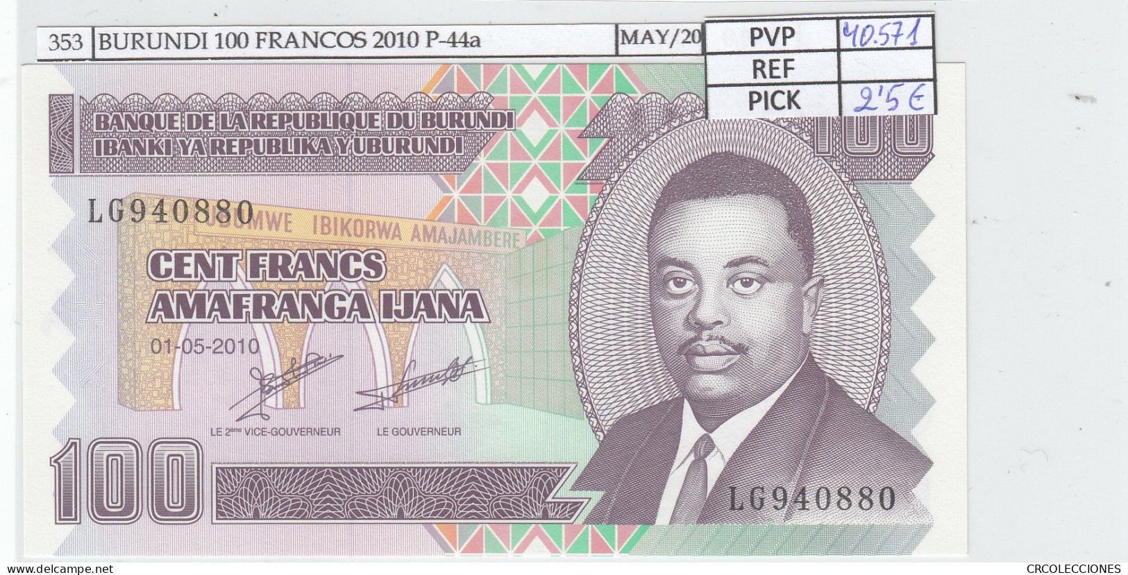 BILLETE BURUNDI 100 FRANCOS 2010 P-44a SIN CIRCULAR - Other - Africa