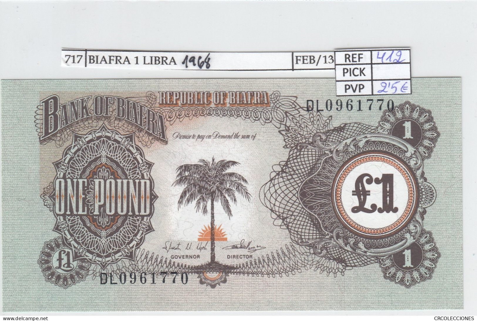 BILLETE BIAFRA 1 LIBRA 1968 P-5a SIN CIRCULAR - Autres - Afrique