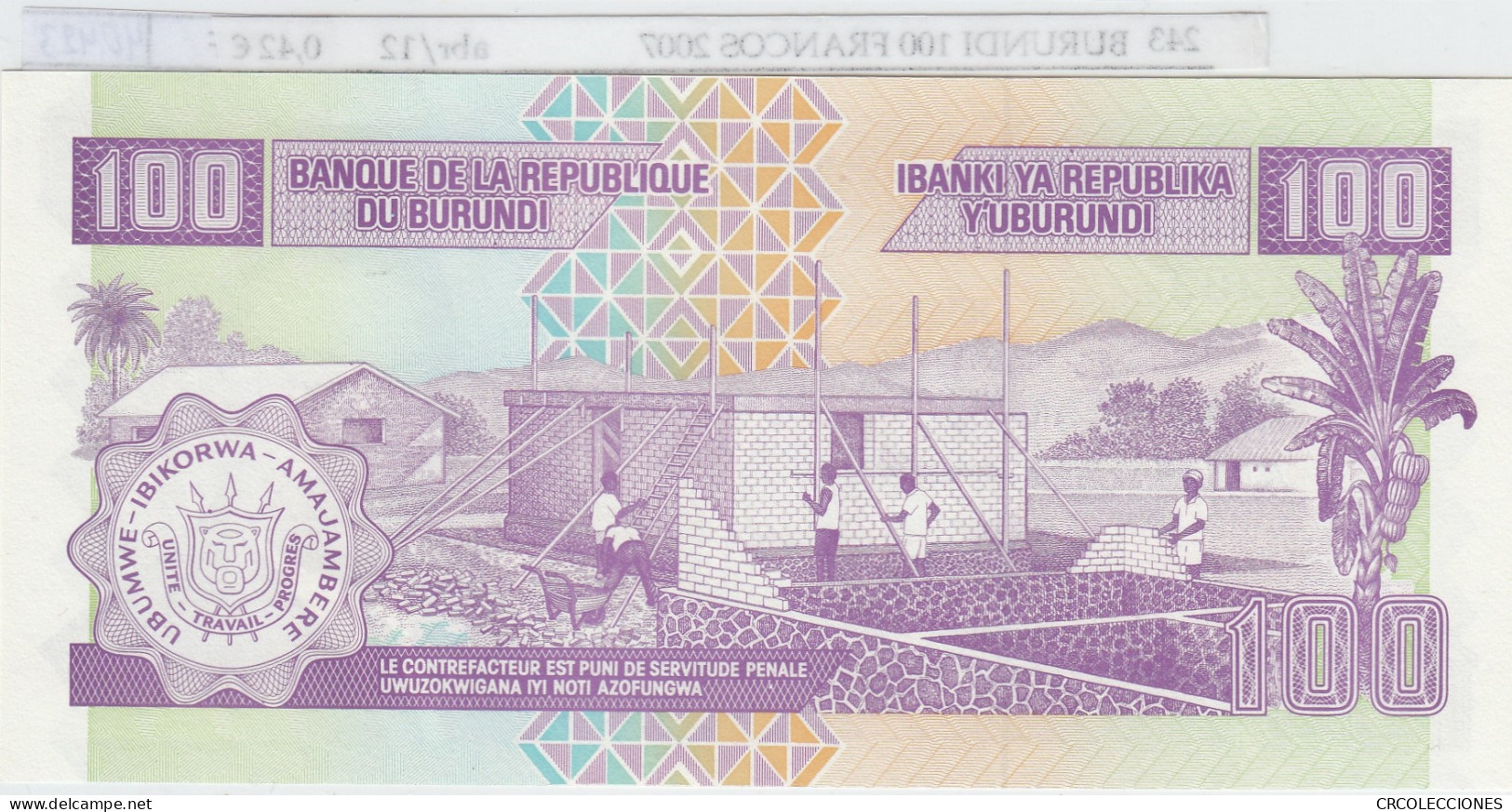 BILLETE BURUNDI 100 FRANCOS 2007 P-37f SIN CIRCULAR - Other - Africa