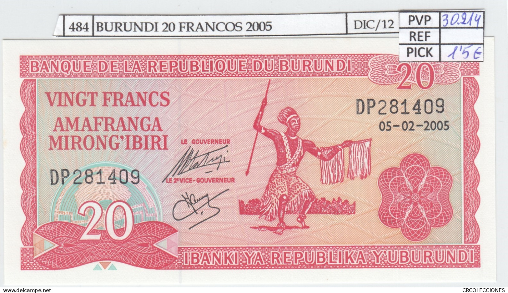 BILLETE BURUNDI 20 FRANCOS 2005 P-27d.4 SIN CIRCULAR - Sonstige – Afrika