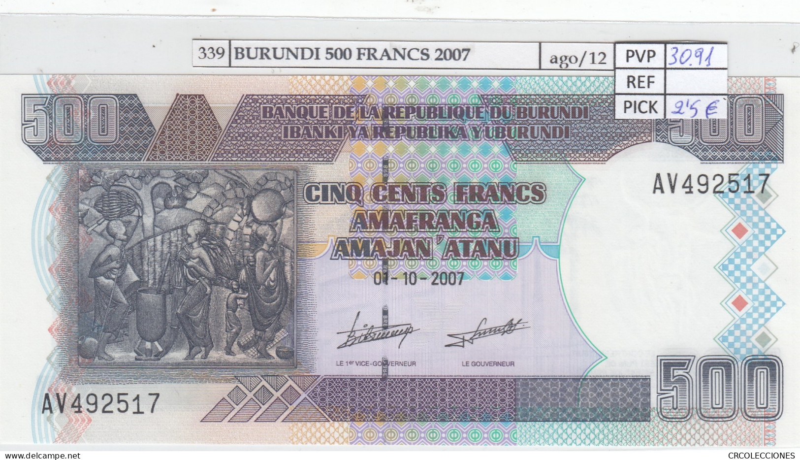 BILLETE BURUNDI 500 FRANCOS 2007 P-38d SIN CIRCULAR - Autres - Afrique