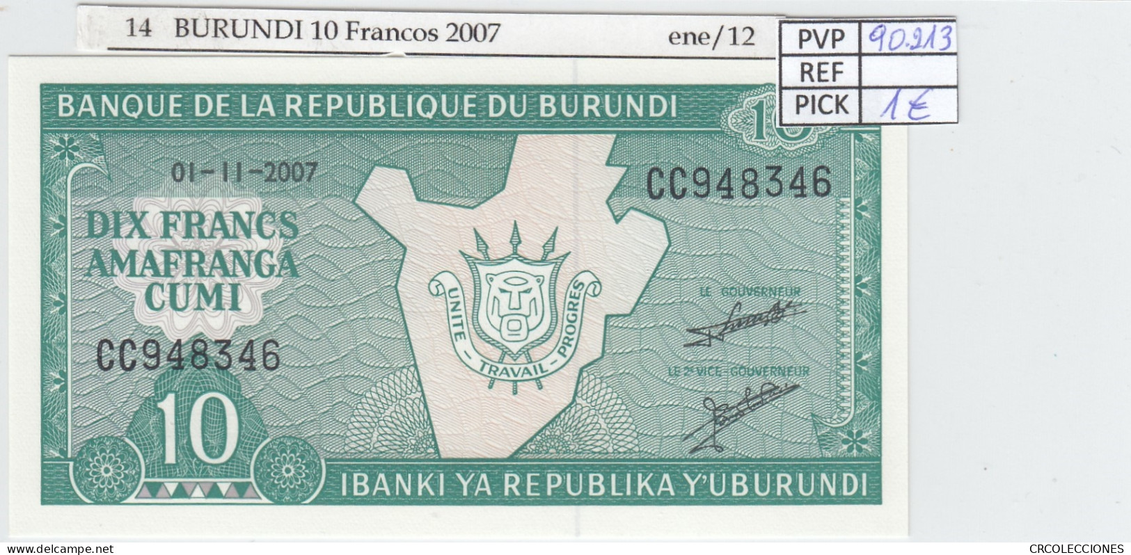 BILLETE BURUNDI 10 FRANCOS 2007 P-33e.2 SIN CIRCULAR - Sonstige – Afrika