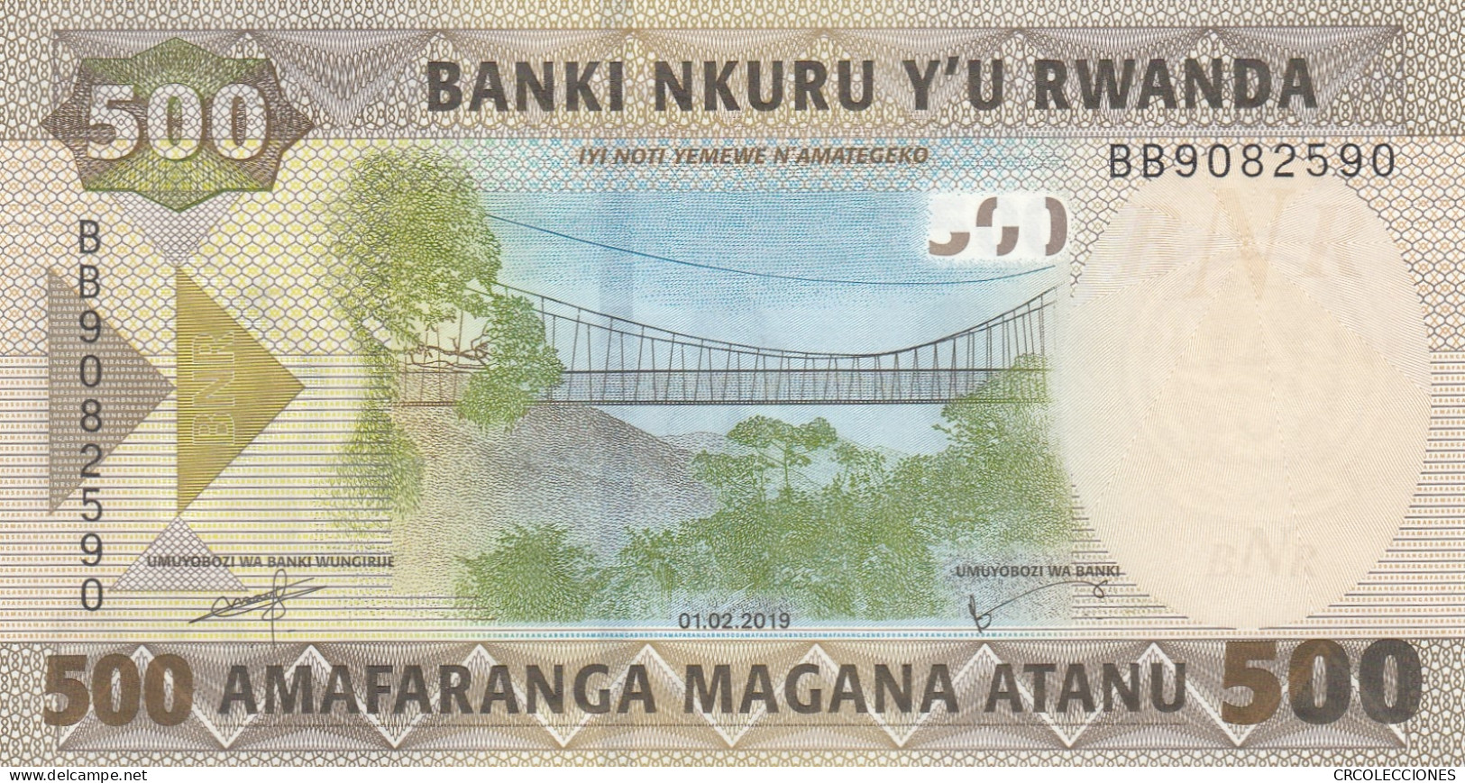 BILLETE RUANDA 500 FRANCOS 2019 P-42a SIN CIRCULAR  - Sonstige – Afrika